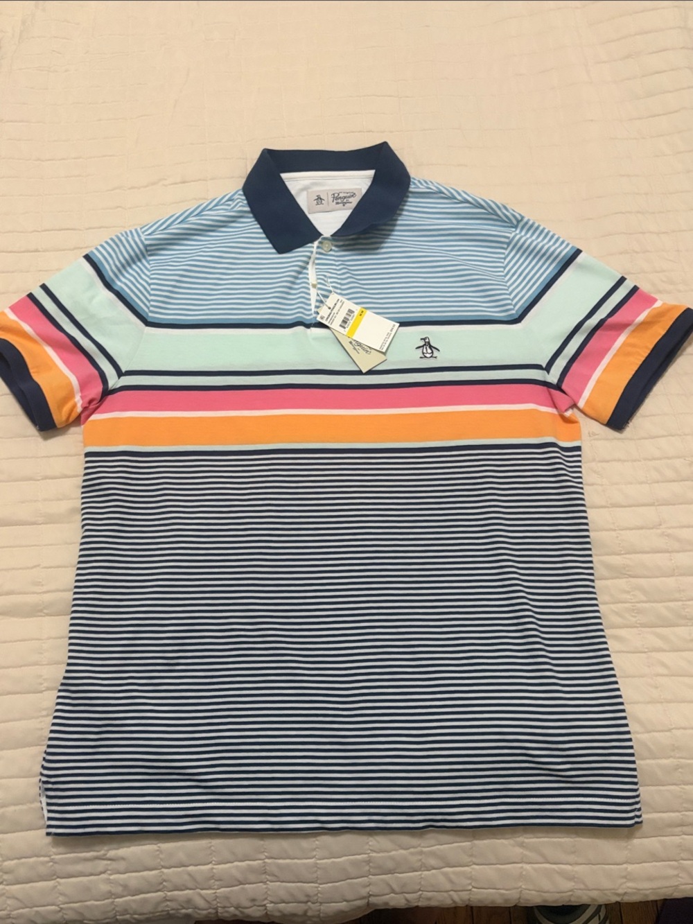 Original Penguin Striped Polo in Navy, Light Blue, Mint & Pink